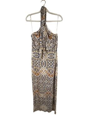 Cynthia Rowley Halter Maxi Dress Boho Tile Print Open Back L